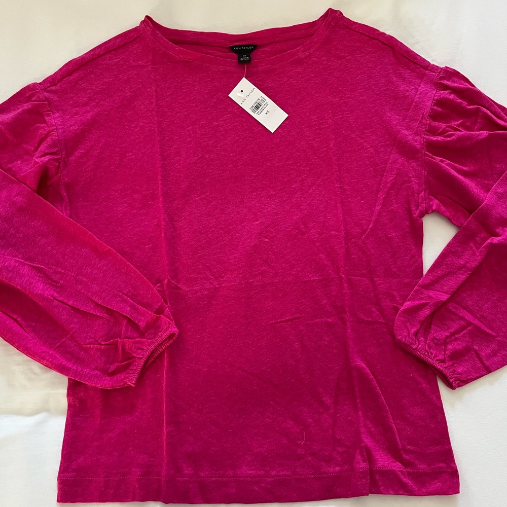 NWT Ann Taylor linen long puff sleeve top